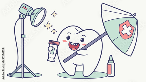 Cartoon Tooth Character in a Photoshoot Holding Toothpaste Under a Protective Umbrella.