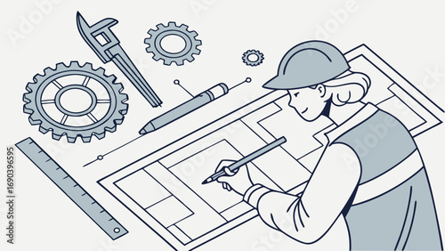Engineering Design Blueprint Worker with Hard Hat Gears and Tools Illustration.