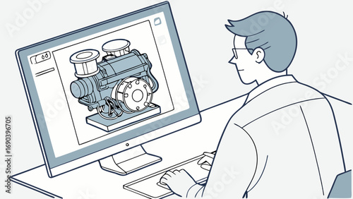 Computer aided design engineer working on 3D model of industrial machinery engineering software interface technical drawing product design process.