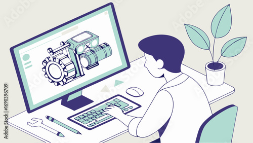 Computer-aided design engineer working on 3D model isometric illustration technology concept engineering design product development mechanical engineering industrial design CAD software digital desig.