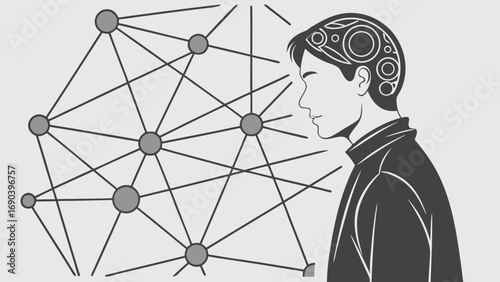 Conceptual illustration of interconnectedness network human mind technology brain abstract design profile view cognitive process neural network artificial intelligence digital technology connection c.