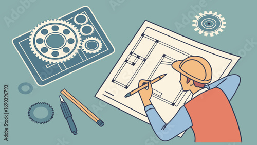 Engineering design concept architect working on blueprints gears construction plan top view illustration professional worker technical drawing mechanical parts blueprint design engineering project ar.