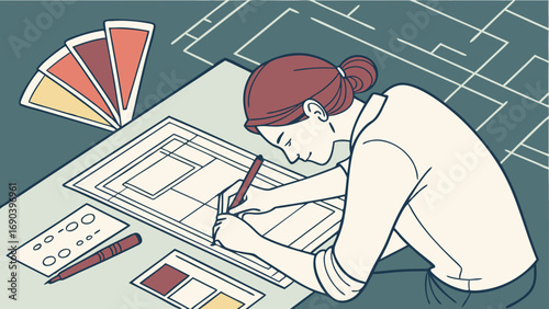 Designer working on a project color palette design process flatlay illustration.