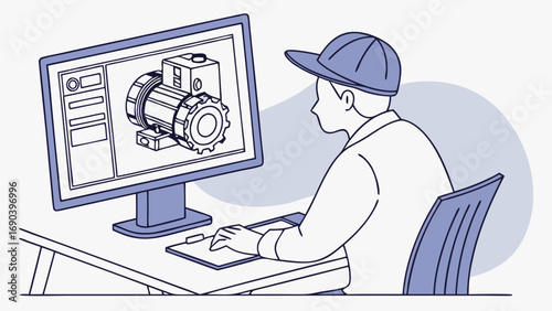 Engineering design software CAD illustration 3D model technician working on computer industrial design mechanical engineering blueprint technical drawing gears machine part product development innova.