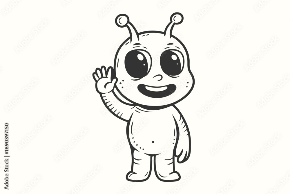 Fototapeta premium Smiling cartoon alien with big eyes is waving his hand in monochrome