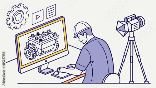 Engineering design 3D modeling CAD software product development computer screen isometric illustration industrial design technical drawing blueprint technology innovation workspace graphic design pro.