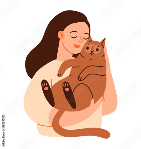 Cute cat and woman embrace. Cat adoption concept. Pet owner with kitten. Flat vector illustration.