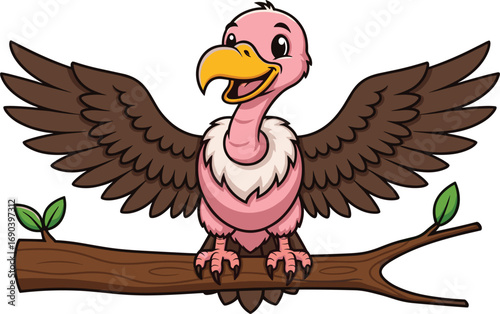 Cartoon vulture with pink bald head and yellow beak perched on tree branch, ideal for children's education and wildlife vector art.