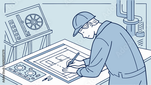 Engineering design blueprint technician drawing technical illustration industrial mechanical drawing workplace gears machinery manufacturing technology profession occupation worker construction desig.