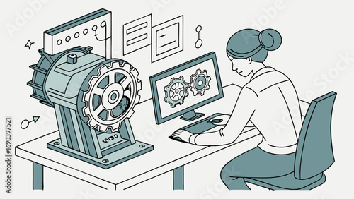 Engineering design gears mechanism computer isometric illustration technical drawing machine blueprint workplace technology innovation industry manufacturing production development engineering resear.