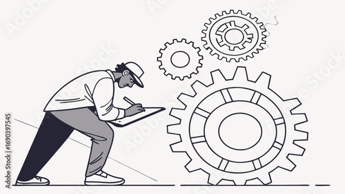 Engineering design gears mechanism technician worker planning project industrial technology blueprint sketch drawing maintenance repair innovation solution teamwork collaboration strategy process wor.