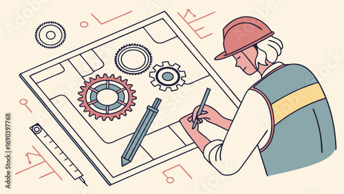 Engineering professional working on blueprint with gears design construction industry architect technician occupation profession worker engineering drawing technical drawing industrial design mechani.