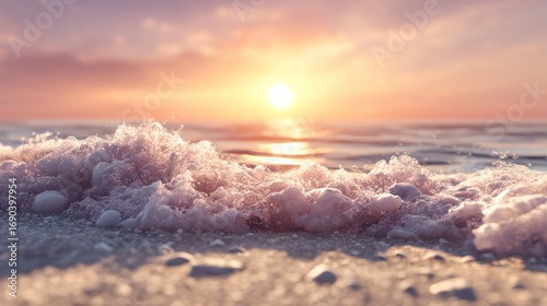 Sunset Over Ocean Waves with Foamy Surf and Warm Glow in Peaceful Beach Scene