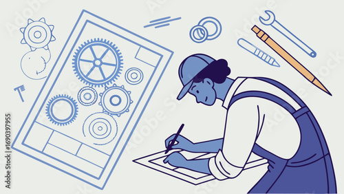 Engineering design blueprint gears mechanics technician workshop industrial technology manufacturing technical drawing profession occupation worker construction design drafting drawing plan project s.