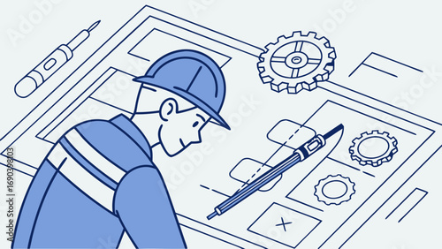 Engineering design worker reviewing blueprints gears technical drawing construction plan industry manufacturing technology project occupation blueprint design technical illustration mechanical engine.