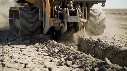 Tractor plowing dry land, leaving a furrow in the arid ground