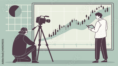 Filming a financial report stock market analysis business news modern workplace concept illustration.