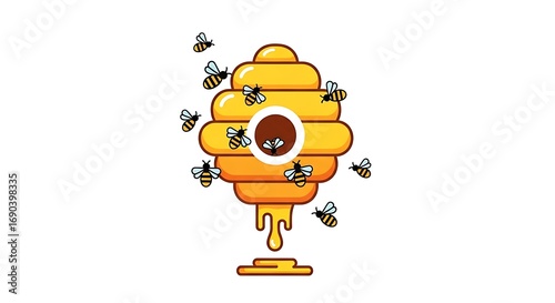 Vibrant bees buzz around a dripping golden beehive, symbolizing nature's sweet bounty and industrious teamwork