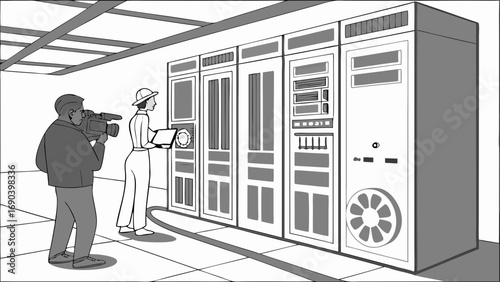 Filming a technician working on a server rack in a data center.