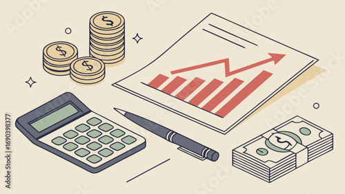 Financial Growth Investment Success Business Report Money Calculator Stacks of Coins and Cash Upward Trend Progress Accounting Finance Economy Wealth Prosperity Budget Banking Economic Growth Financi.
