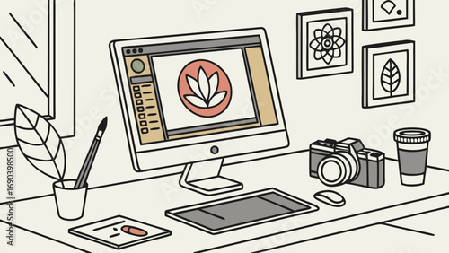 Graphic Design Workspace Computer Camera Art Supplies Creative Studio Flat Lay Illustration.