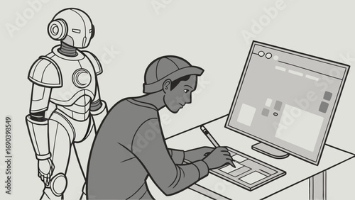 Graphic Design Digital Art Robot Assistant Technology Creative Process Computer Illustration Modern Workplace Stylus Tablet Software Futuristic Design Artificial Intelligence Teamwork Collaboration I.