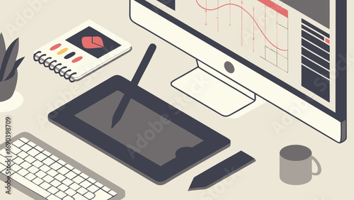 Graphic design workspace isometric illustration digital art creative studio modern office computer tablet keyboard stylus notebook design tools flat lay top view overhead shot minimalist clean design.
