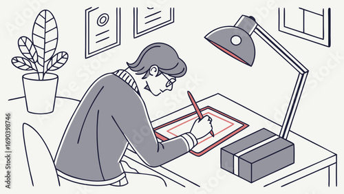 Graphic designer working on a digital tablet illustration flat design office workspace home office creative work design process stylus digital art drawing sketching modern workspace simple illustrati.