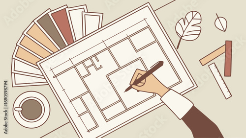 Hand drawing house floor plan interior design home renovation architectural blueprint color palette workspace flat lay top view planning project design home decor apartment room house building sketch.