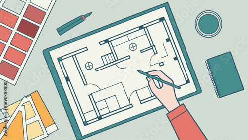 Hand drawing house plan architectural design home renovation interior design concept illustration.