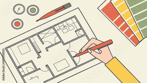Hand drawing house plan architectural design home renovation interior design blueprint color palette flat lay overhead view top view workspace tools construction home building apartment design house .