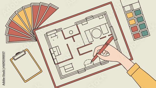 Hand drawing house plan architectural design interior design color palette home renovation concept illustration.