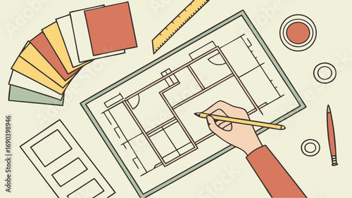 Hand drawing house plan architectural design interior design home renovation color palette blueprint workspace top view flat lay planning construction home building design process project apartment r.