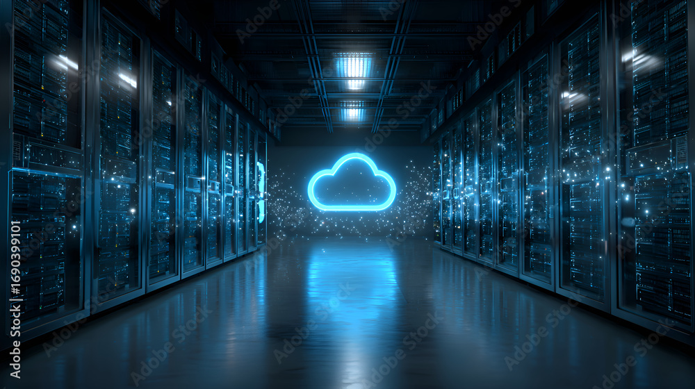 Fototapeta premium Cloud computing symbol shining in server room corridor