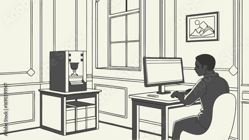 Home Office with 3D Printer and Person Working on Computer.