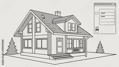 House Plan Home Design Architectural Drawing Cottage Style Two-Story House Residential Building Real Estate Illustration Property Design New Home Construction Home Blueprint House Sketch Vector Illus.