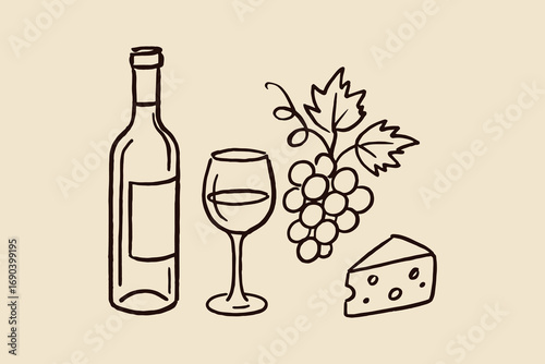 Wine bottle glass grapes cheese sketch ink line vector illustration