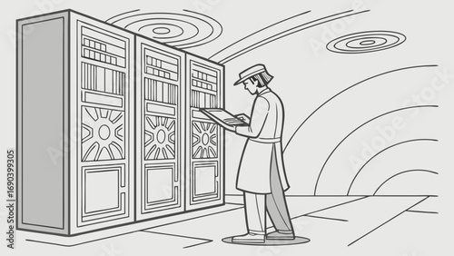 Illustration of a person using a tablet in a server room.