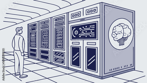 Illustration of a person observing a server room with AI technology.