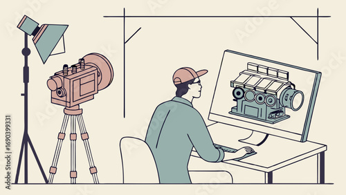 Illustration of a person working on a computer design of a mechanical engine with a film camera in the background.