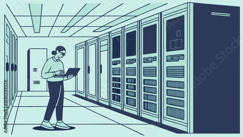 Illustration of a person working in a server room with laptop.