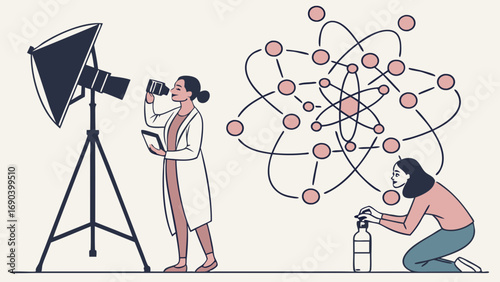 Illustration of science photography and research woman with camera and lighting equipment woman with atomic model.