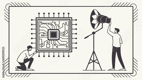 Illustration of two people working on a microchip circuit board one adjusting a light and the other examining the board.