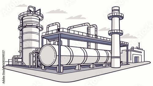 Industrial complex illustration refinery factory chemical plant power station energy production manufacturing technology pipes tanks towers infrastructure industrial design engineering schematic diag.