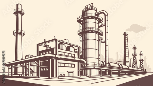 Industrial Factory Complex Refinery Power Plant Manufacturing Silhouette Illustration Vector Graphic Vintage Style Energy Production Industrial Design Heavy Industry Steel Structures Pipes and Tanks .