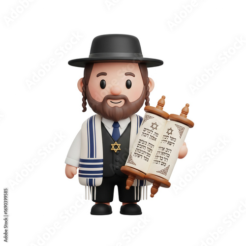 Cute 3D Jewish Man Wearing Traditional Outfit and Holding a Torah Scroll