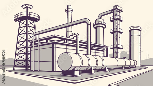 Industrial Plant Refinery Illustration Oil and Gas Energy Production Factory Chemical Processing Power Generation Manufacturing Technology Engineering Infrastructure Pipes Tanks Towers Industrial Des.