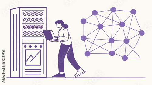 Illustration of a person working with a server and network data center technology network infrastructure digital connection communication modern technology internet computer laptop data cloud computi.
