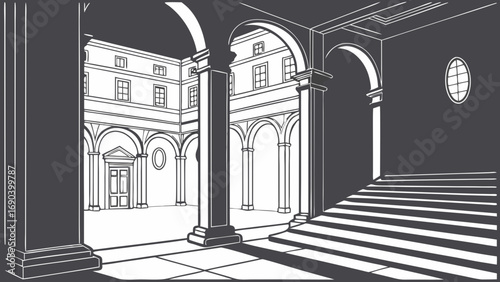 Interior courtyard with arches columns and stairs black and white illustration.