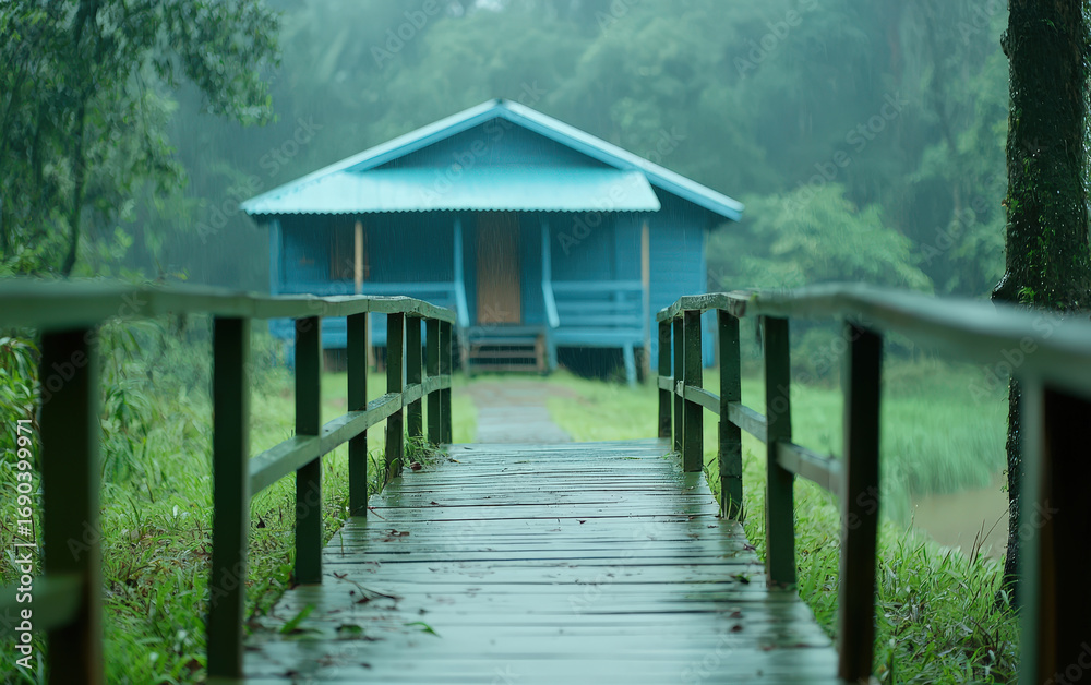 Obraz premium Rainy cabin wooden bridge forest mist blue house tranquil nature getaway mood. Rain drapes quiet woods and retreat